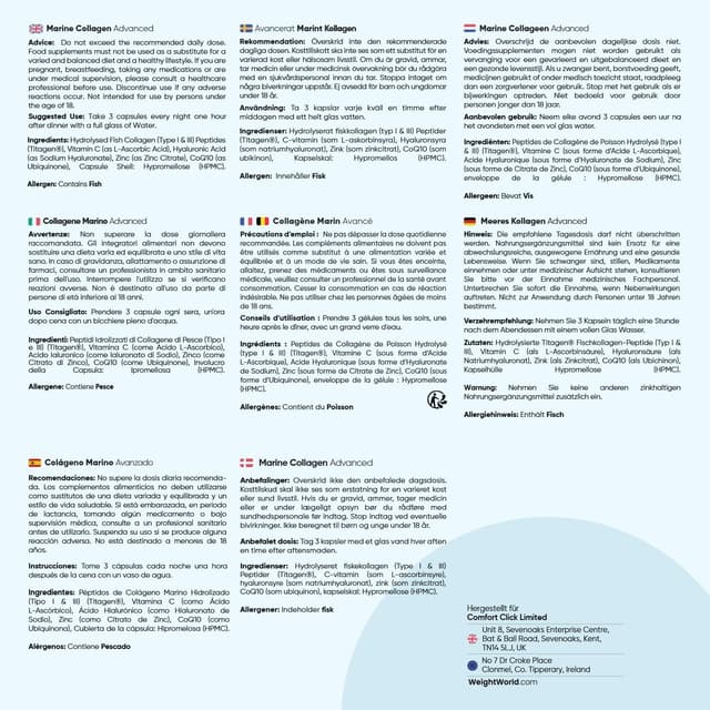 Detalle de Marine Collagen Advanced – 1200 mg hydrolysierte Fischkollagen-Peptide Typ I & III (120 Kapseln) von WeightWorld