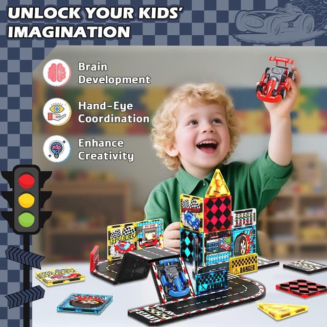 Detalle 2 de Magnetic Tiles Road Set (34-Piece) Magnetic Car Race Track for Kids Ages 4–8