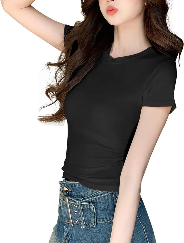 Detalle de JEROZIYANT Women’s Basic Cropped T-Shirt (Slim Fit) – Solid Colour Crew Neck Tee