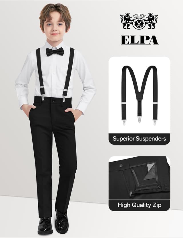 Detalle de ELPA Boys’ Formal Suit Vest Set with Suspenders (Shirt, Lined Vest, Pants, Pre-Tied Tie)