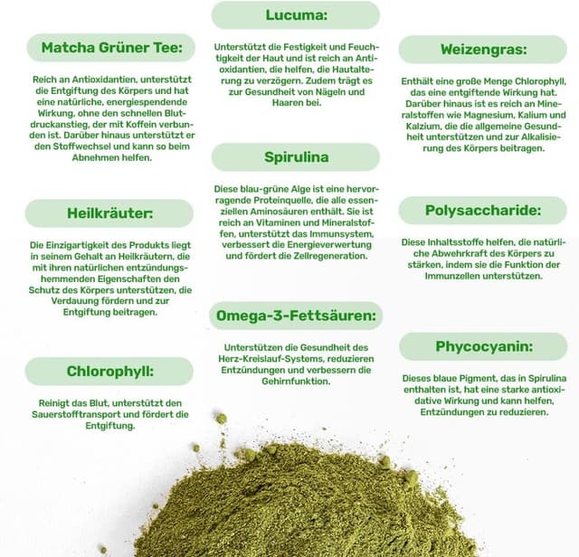 Detalle de UKKO Vital Greens 500 g Superfood-Pulver mit Spirulina, Matcha und Weizengras