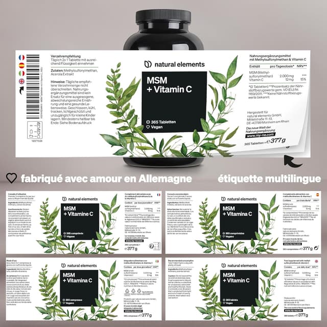 Detalle de Natural Elements MSM 2000 mg + Vitamine C naturelle (acerola) – 365 comprimés, végane