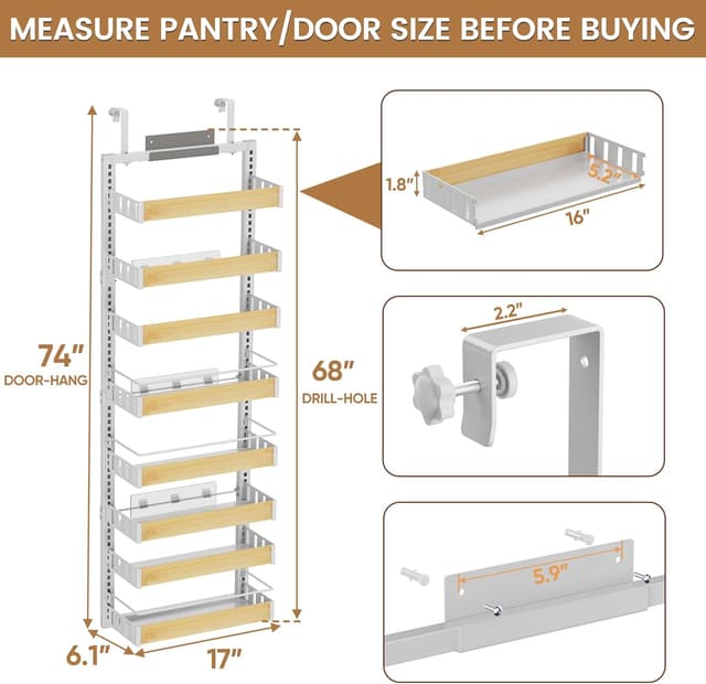 Detalle 2 de POKIPO 8 Tier Over The Door Pantry Organizer (2-in-1 wall mount or hanging spice rack)