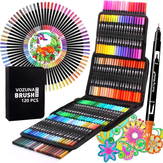 Detalle de Vozuna 120 Colouring Pens dual tip fineliner & brush marker set with black case
