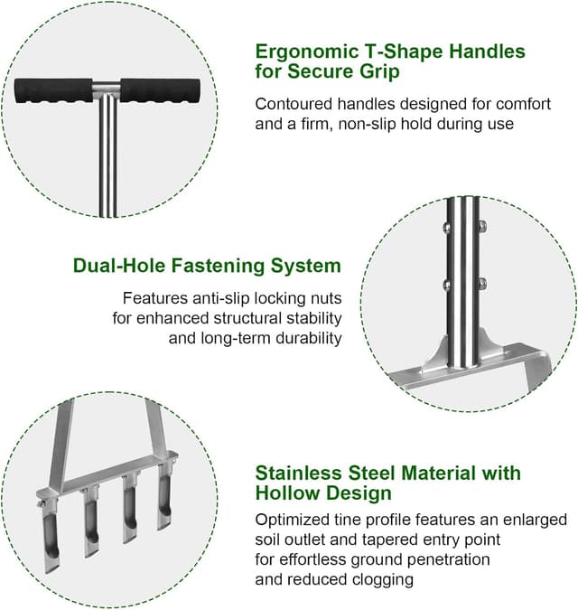 Detalle 2 de Qdreclod Rasenlüfter aus Edelstahl mit 4 Hohlzinken – manueller Aerifizierer für verdichteten Boden