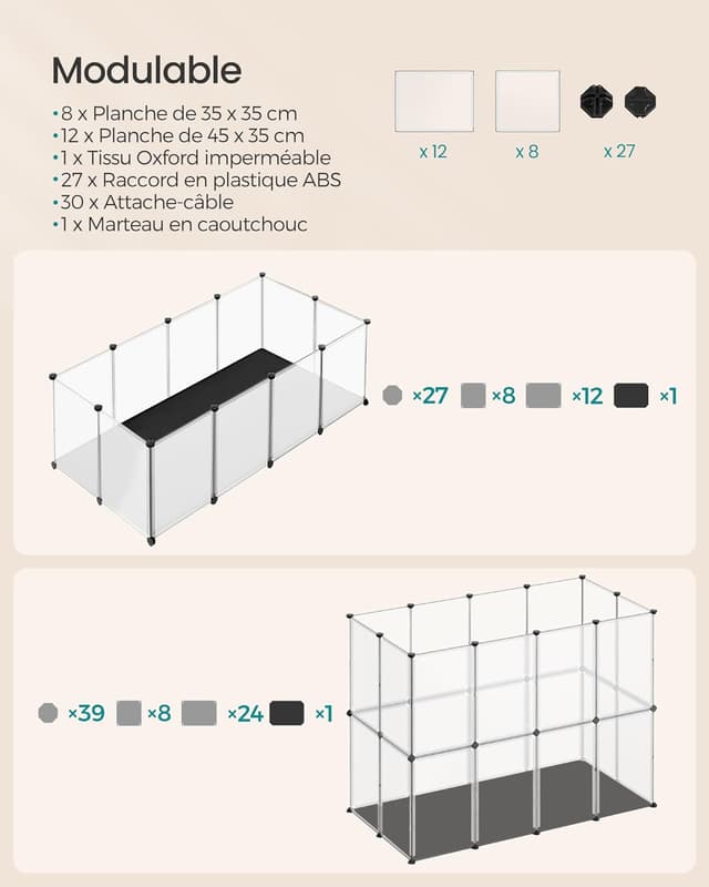 Detalle de Enclos SONGMICS blanc LPC012W01 pour petits animaux avec plancher et tapis imperméable amovible (143 x 73 x 46 cm)