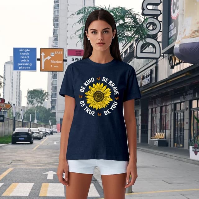 Detalle de Qskall women’s sunflower print “Be Kind” T-shirt – soft everyday inspirational tee