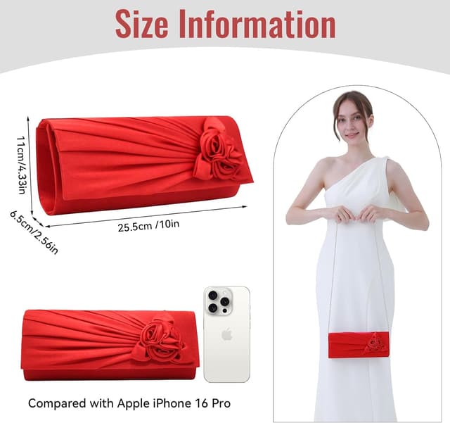 Detalle de Wocharm ladies satin clutch bag with rose – 3-in-1 evening wedding handbag