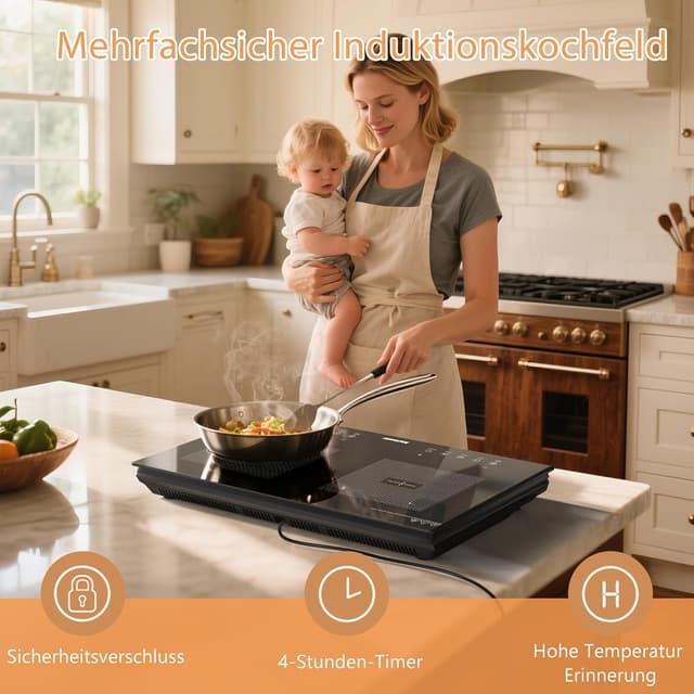 Detalle de Induktionskochfeld 2 Platten (60 cm) 3500 W mit Boost & Touch-Steuerung, 240-Minuten-Timer und Kindersicherung