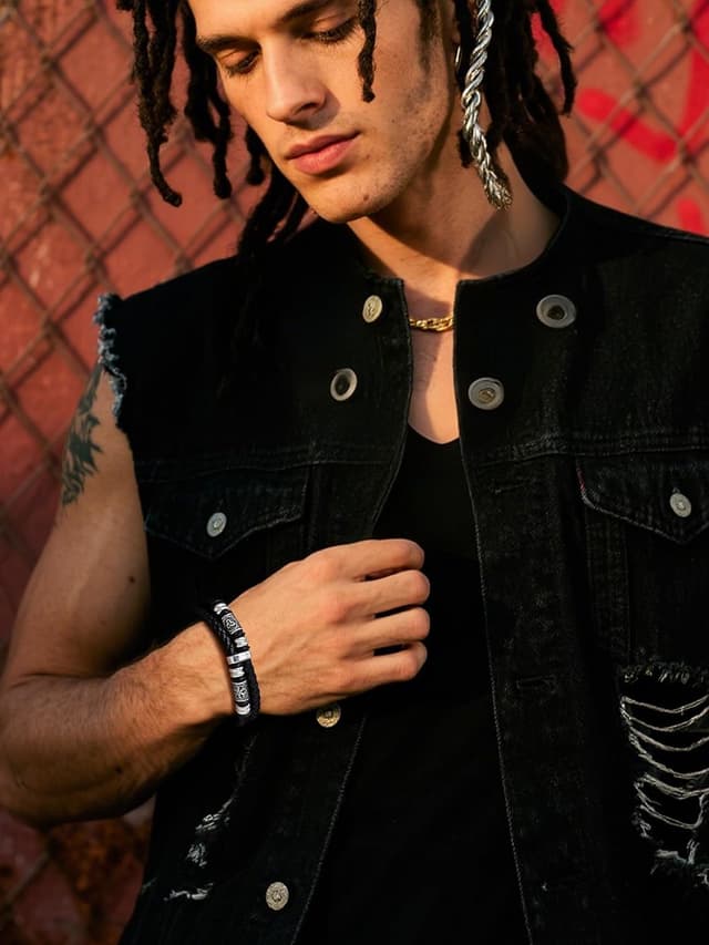 Detalle de Bestyle Lederarmband für Herren mit Edelstahl 316L und Magnetverschluss (Längen 19–25 cm) in Gold/Silber/Schwarz