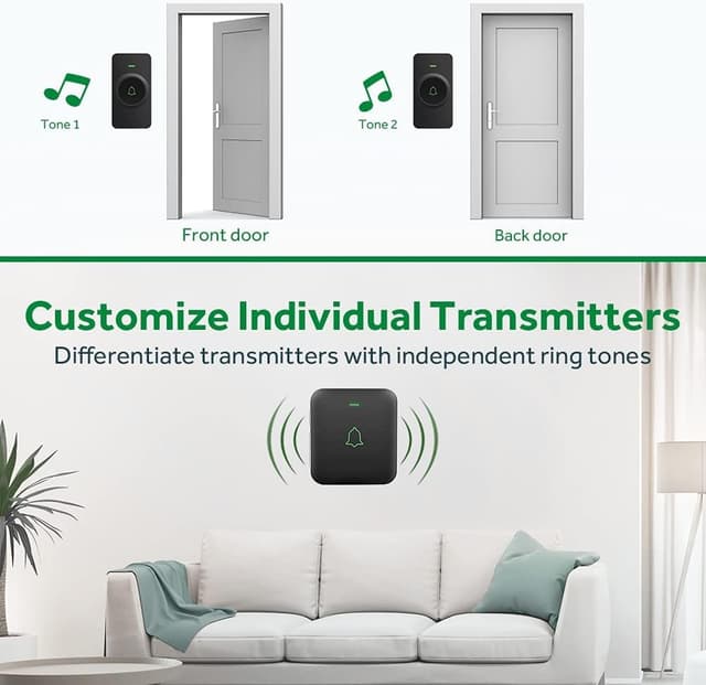 Detalle de AVANTEK Funkklingel kabellos Türglocken mit Plug-In-Empfänger (300 M) und 2 Sender – IP55, 52 Melodien