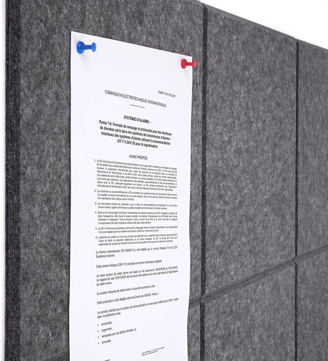 Detalle de Cork Board Alternative felt wall pin board tiles, 90 x 60 cm (6 pack) – dark gray, with 20 pushpins