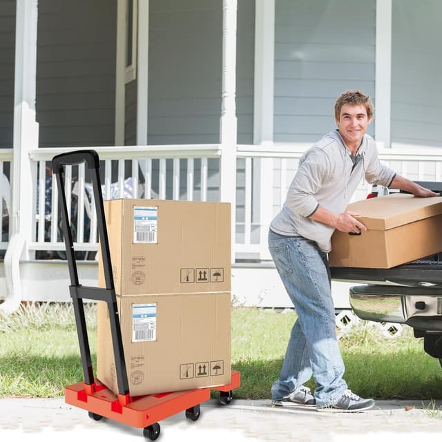 Detalle 2 de SOLEJAZZ Folding Hand Truck (Portable Dolly) 500LB capacity with 6 wheels, 3-height handle, orange