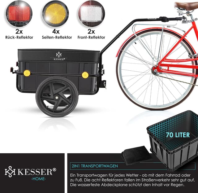 Detalle 2 de KESSER Fahrradanhänger/Lastenanhänger mit Kupplung, Hochdeichsel und 70-Liter-Transportbox (für 2 Bierkästen)