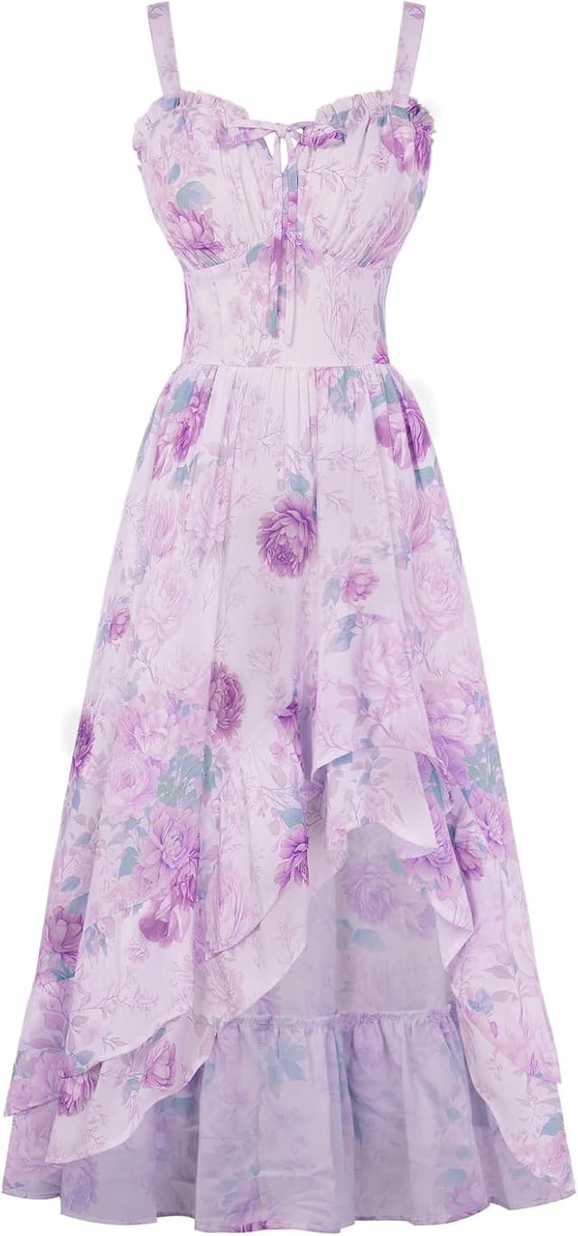 Detalle de SCARLET DARKNESS Robe d’été victorienne à fleurs, longue, bretelles spaghetti et ourlet à volants