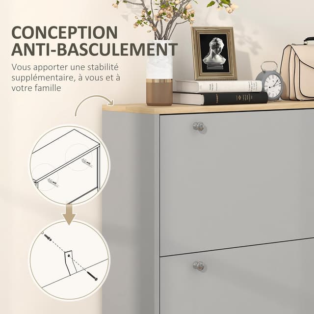 Thumbnail 6 de HOMCOM Meuble à chaussures étroit 24 paires avec 3 tiroirs rabattables et étagères réglables, 80 x 23,5 x 121 cm, gris