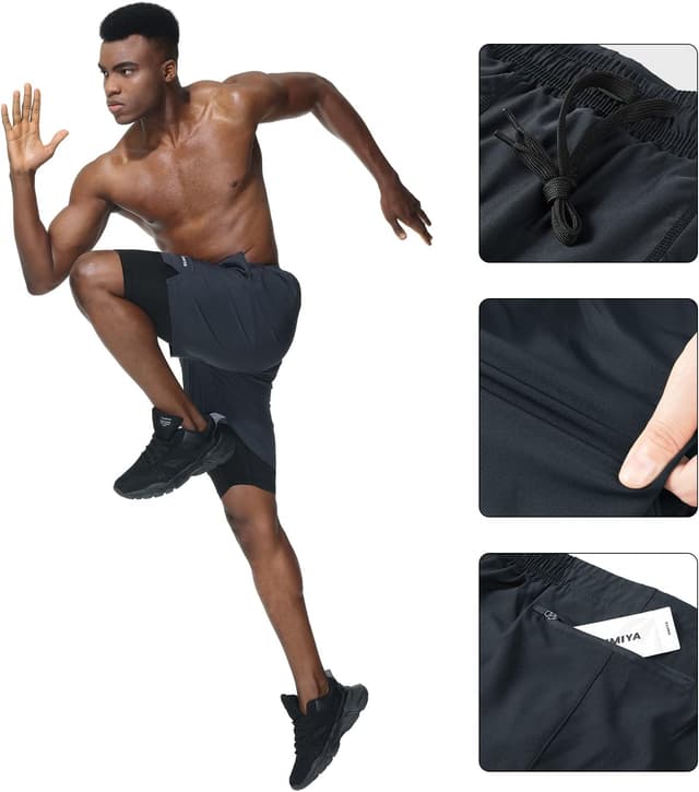 Detalle de HMIYA Herren 2-in-1 Fitness-Shorts mit Kompressionsshorts, Taschen & Reißverschlussfach