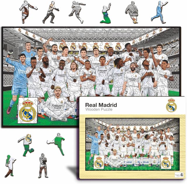 Detalle de Iconic Puzzles Real Madrid Squadra 24/25 – Puzzle di legno 100% sostenibile, licenza ufficiale, 500 pezzi, taglia L
