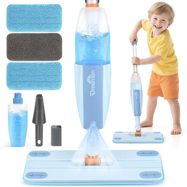 Detalle de Dreamon Kids Spray Mop Toddler Cleaning Set (Real Spray Function) with Water Sprayer, 3 Washable Pads & Scraper