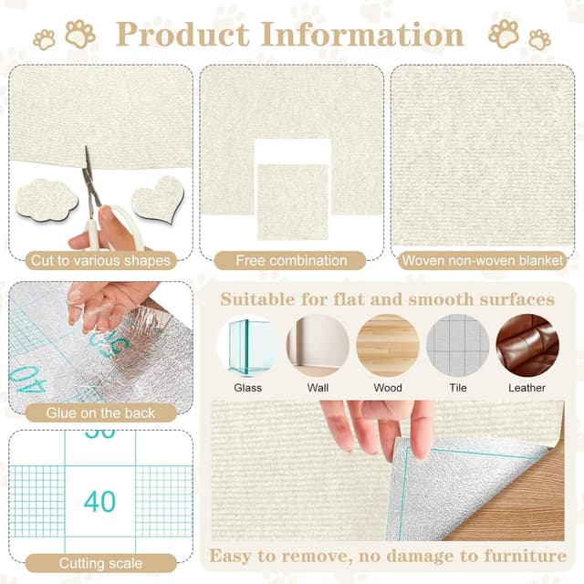 Detalle de Omtofo 2er-Pack selbstklebende Kratzschutzmatten für Sofa & Katzenliegeplätze (200 x 40 cm), cremefarben