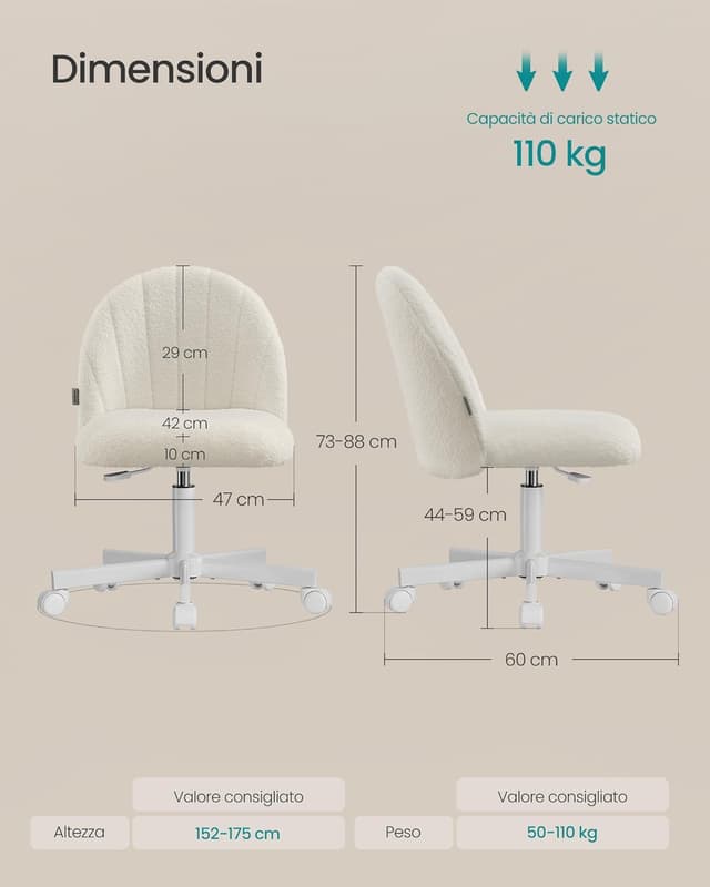 Detalle de SONGMICS OBG027WD01 sedia da ufficio in tessuto peluche regolabile in altezza (bianco crema)