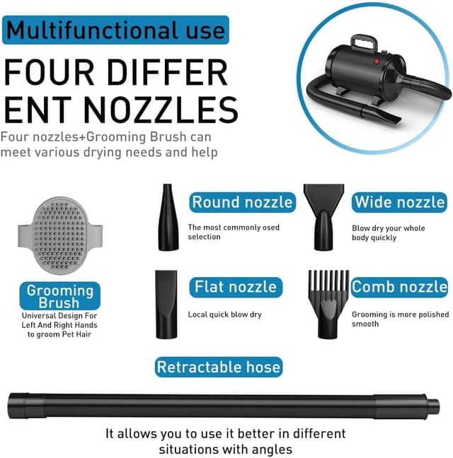 Detalle de Blanlody Hundefön/Blower sehr leise (4,5 PS / 3.200 W) mit einstellbarer Geschwindigkeit, 4 Düsen & elastischem Schlauch