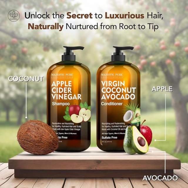 Detalle de Majestic Pure Apple Cider Vinegar Shampoo & Avocado Coconut Conditioner Set (Sulfate-Free) – 2 x 16 fl oz