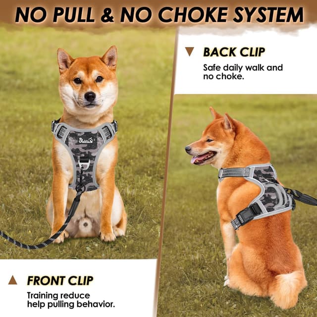 Detalle de Eyein No Pull Dog Harness Large (Camo Grey) – front clip control, padded handle & reflective straps