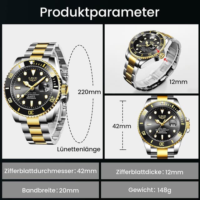 Detalle de LIGE Herren-Uhr analog mit Quarzwerk, Kalenderfunktion und 3ATM Wasserdicht (30M)