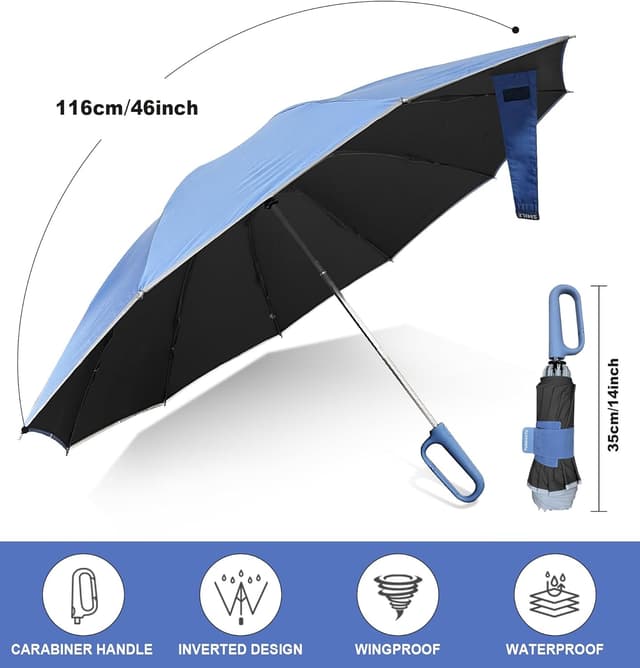 Detalle 2 de TUMAAOTU Compact Inverted Umbrella with Carabiner Handle – windproof travel auto open/close