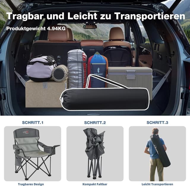 Thumbnail 5 de RELAX FIELD faltbarer Campingstuhl mit hoher Rückenlehne, bis 200 kg, Getränkehalter und Kühltasche (Grau)