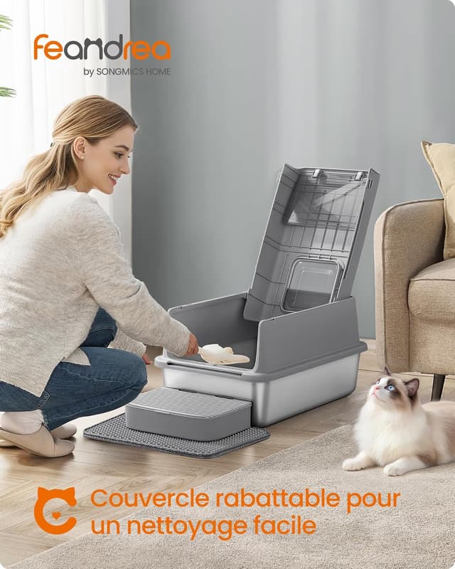 Detalle 2 de Feandrea PPT007GN01 – bac à litière en acier inoxydable avec couvercle, pelle, tapis et 2 entrées (jusqu’à 15 kg), gris tourterelle