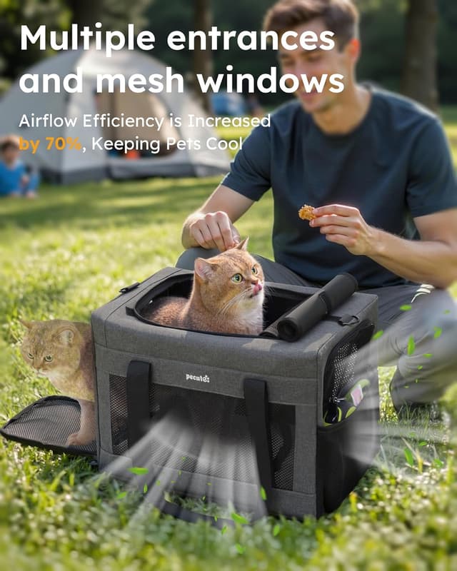 Detalle de pecute Katzentasche / Hundetransporttasche Stabiler Rahmen, belüftetes Mesh-Fenster, bis 5–7 kg, Hellgrau (XL)
