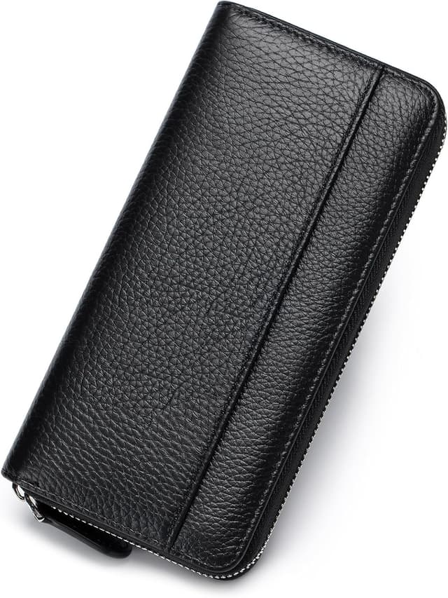 Detalle de SCHLATUM RFID Blocking Women’s Zipper Wallet in Black – Large Capacity Real Leather Zip-Around Billfold