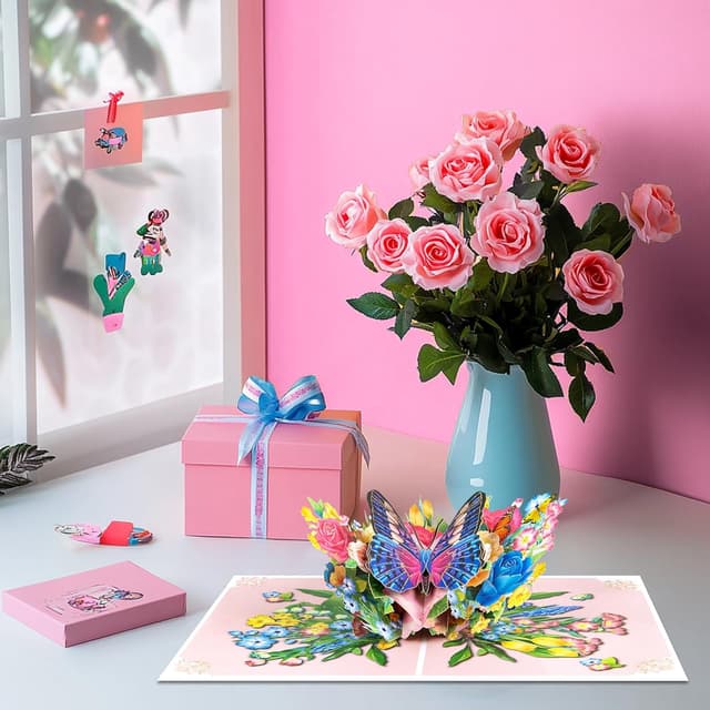 Detalle de DLYMXGC Butterfly and Pink Gold Roses Bush Pop Up Card – 3D paper flower bouquet greeting card
