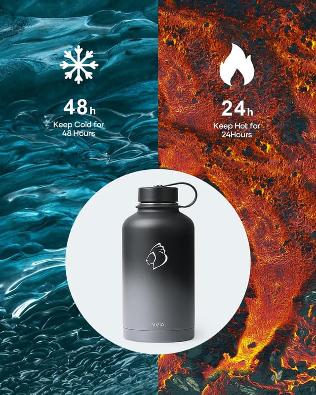 Detalle 2 de Buzio 2L Stainless Steel Water Bottle with Straw Lid & Flex Cap (Black & Grey) – Double Wall Insulated