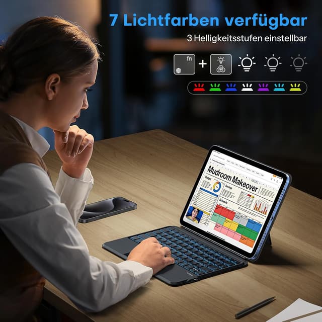 Detalle 2 de OMOTON Tastatur-Hülle für iPad 10. Generation (2022) – Bluetooth QWERTZ mit Trackpad, 7-farbige Beleuchtung und abnehmbarem Touchpad, schwarz
