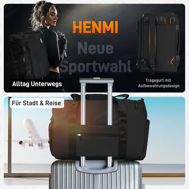 Thumbnail 4 de HENMI Sporttasche 43L Groß Schuhfach Nassfach Schwarz