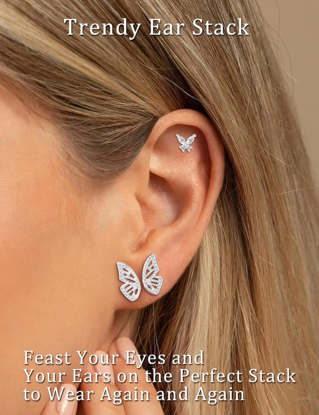 Detalle 2 de TINGN 6 Paar Schmetterling Ohrringe-Set für Damen (Chirurgenstahl, vergoldet) – für mehrere Ohrlöcher & verschiedene Piercings