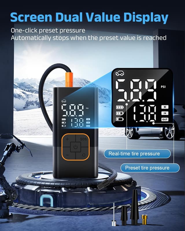 Detalle de Tyre Inflator Air Compressor: cordless electric bike pump & car tyre inflator with digital gauge (150 PSI)