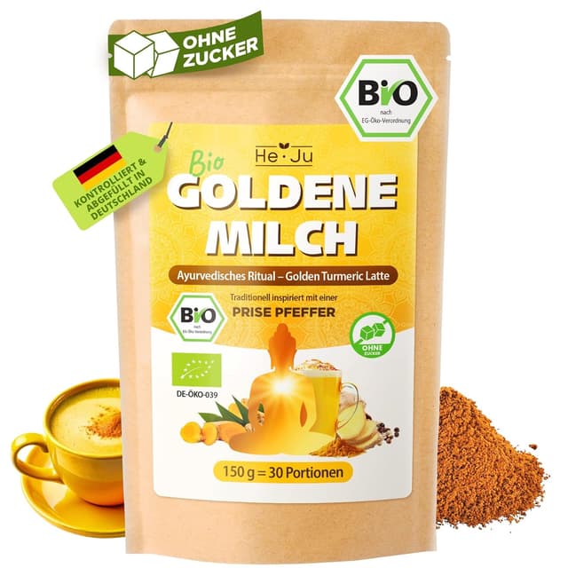 Detalle de He-Ju Bio Goldene Milch Classic – Kurkuma-Latte Pulver mit Lucuma & Prise Pfeffer, zuckerfrei, vegan (150 g)