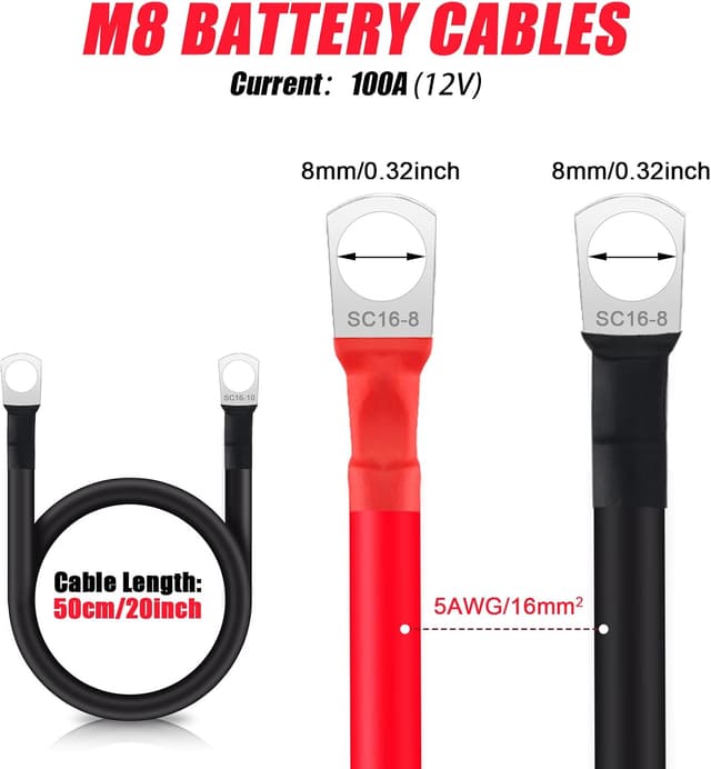 Detalle de JatilEr 2 x 12V Battery Cables (5AWG/16mm²), 50cm with M8 ring terminals