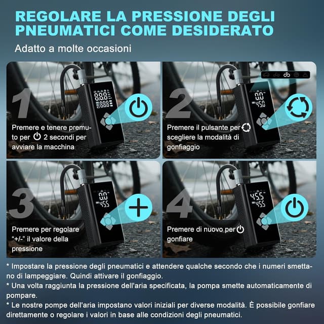 Detalle de TECHCYC Pompa aria elettrica portatile 150 PSI con arresto automatico e ricarica USB-C (7,4V 4000 mAh)