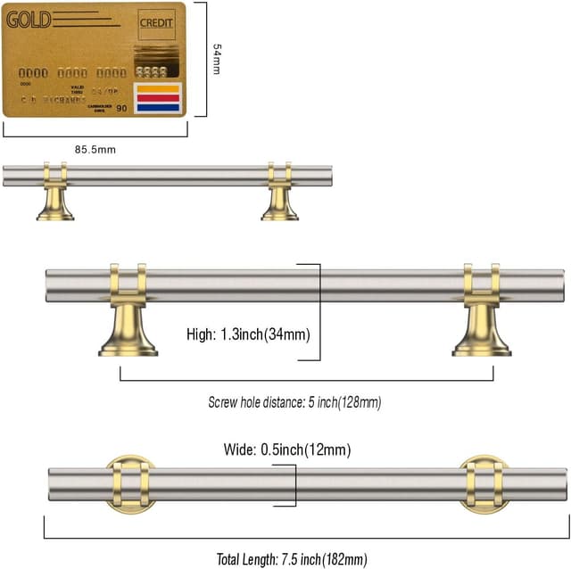 Detalle 2 de Set Amerdeco 10 maniglie per mobili Nichel spazzolato e dorato, foro 128 mm in lega di alluminio (UK0002)