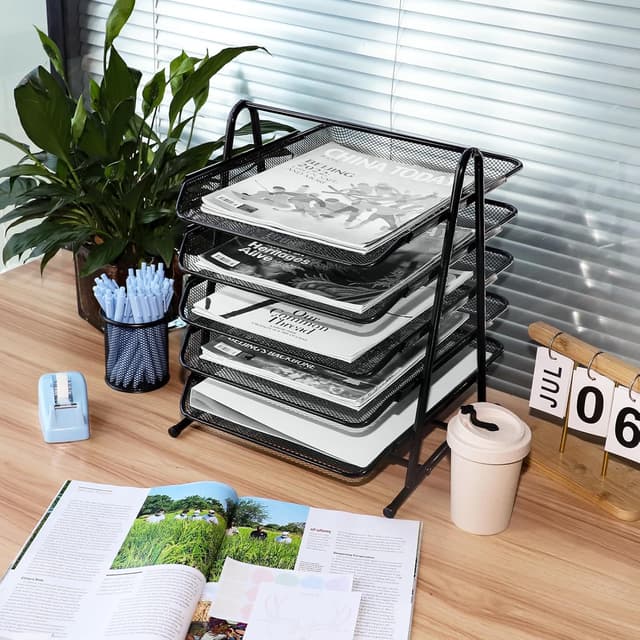 Detalle 2 de HIHOBDAY 5-Tier Sliding Paper Organiser (Mesh Letter Tray) for A4 Desk Storage