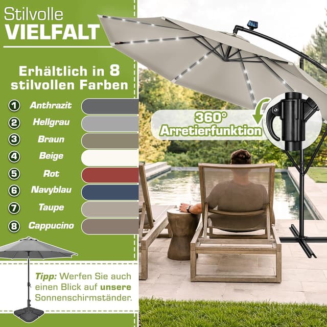 Thumbnail 4 de tillvex Alu Ampelschirm mit LED Solar Abdeckung, Kurbel und UV-Schutz Ø 300 cm