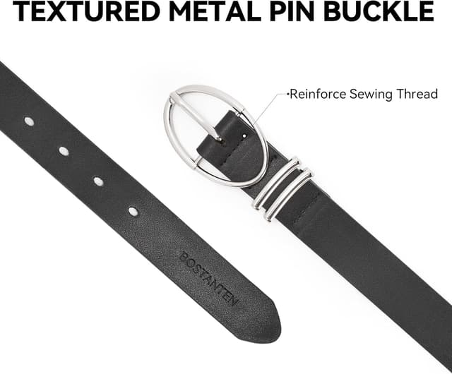 Detalle 2 de BOSTANTEN Ceinture femme en cuir noir à boucle ovale argentée, pour jeans, robes et pantalons