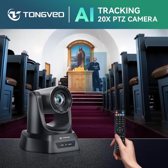 Detalle de TONGVEO 4K AI PTZ Camera with Auto Tracking and 20X Optical Zoom for Conference Rooms, Church, and Live Streaming