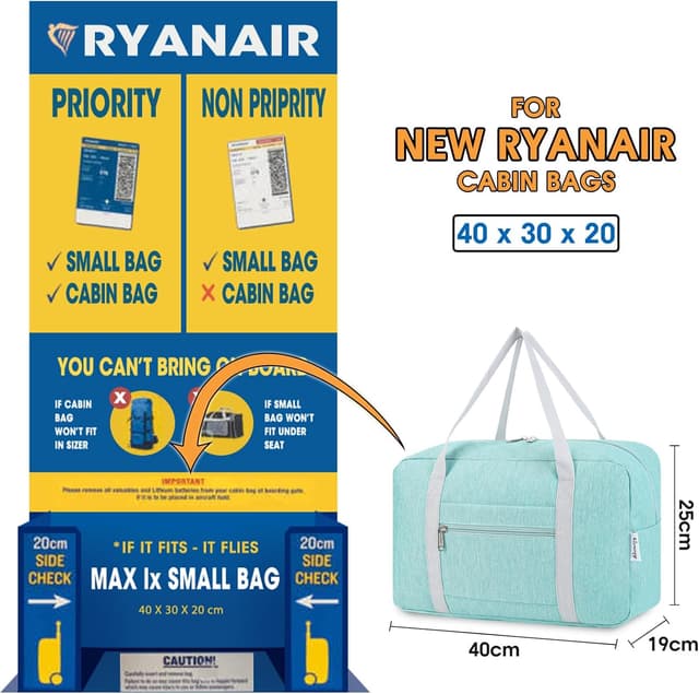 Detalle de 40x30x20 underseat foldable travel duffel bag for Ryanair-style cabin bags (20L) – Mint Green