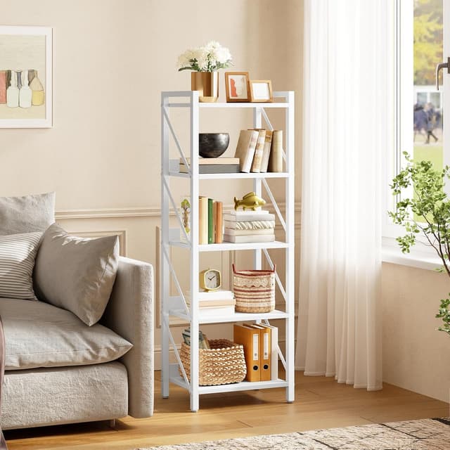 Detalle de HOOBRO scaffale angolare a 5 ripiani EWW73SJ01 in metallo e truciolato, libreria moderna da muro (bianco)